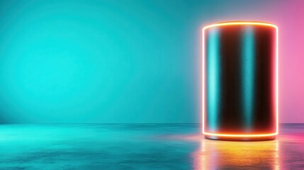 A sleek, cylindrical speaker glows with vibrant neon lights against a contrasting backdrop, representing modern technology and design in a visually striking and artistic manner.