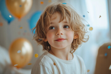 Fototapeta premium Generative AI image of cute child at a colorful birthday party celebration indoors