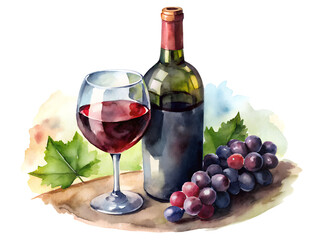 Obraz premium Watercolor Painting of Red Wine Bottle and Glass with Grapes on Transparent Background, Watercolor Clipart Illustration With Isolated Background.