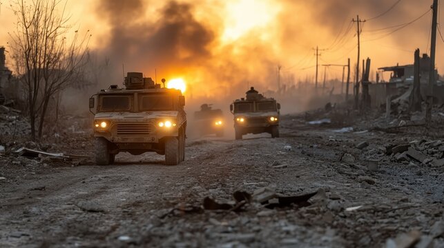 A convoy of military vehicles navigates through a conflict-ravaged area, surrounded by destruction, smoke, and a striking sunrise, symbolizing resilience amidst chaos.