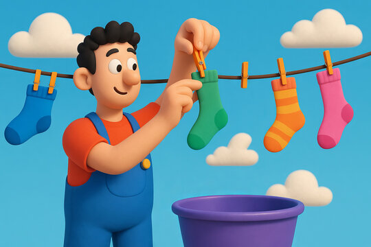 Cartoon man hanging colorful socks on clothesline under blue sky with clouds. concept of laundry, clean clothes, simple life, everyday task, fresh air.