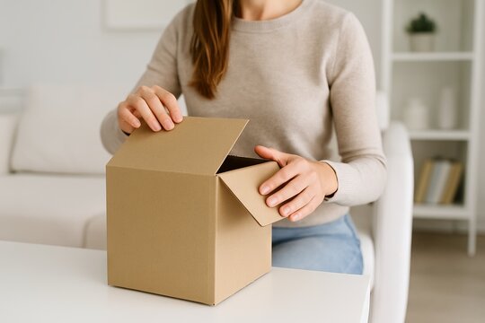 Woman unboxing cardboard box in minimalist white room. concept of excitement, gift opening, simple lifestyle, curiosity, surprise, delivery package, online shopping, home delivery