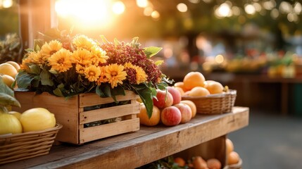An inviting market scene showcases a basket of vibrant flowers alongside fresh fruits, beautifully lit by the warm glow of the sunset, creating a perfect tranquil atmosphere.