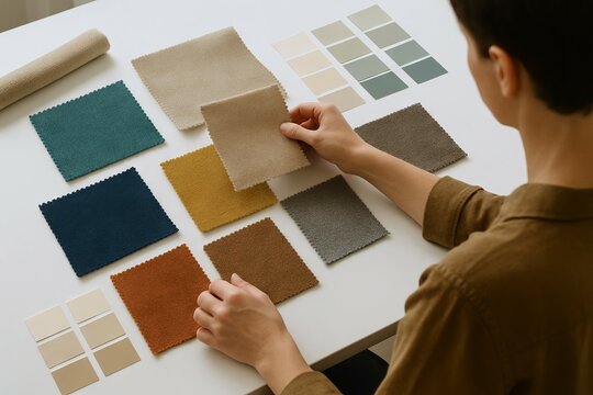 Woman choosing fabric swatches and color palette samples for interior design project. Concept of textile selection, home decor planning, color coordination, creative workspace, material matching