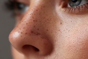 Extreme close-up of nasal skin, highlighting blackheads and sebaceous buildup on the nose, ideal for cosmetic campaigns, skin treatment visuals, or dermatological research materials.
