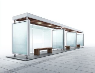 Modern bus shelter with glass panels, wooden bench, and blank advertising spaces, set against a white background
