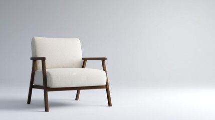 Fototapeta premium Modern armchair with a minimalist design featuring a soft cream fabric and wooden frame, positioned in a spacious area with neutral tones and ample natural light, ideal for contemporary interiors
