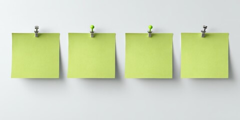 Four pale-yellow square sticky notes pinned to a white wall; two pins are silver, two are lime green