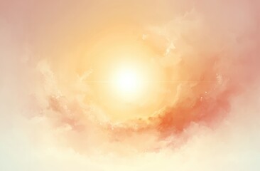 A radiant sun, luminous and bright, is encircled by soft, peach-toned clouds, creating a serene and ethereal atmosphere
