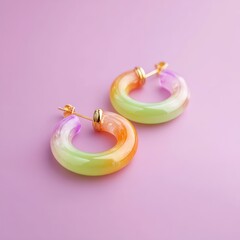 Pastel ombre hoop earrings; translucent, thick, semi-circular, light green to orange gradient, gold hinges, against a lilac background