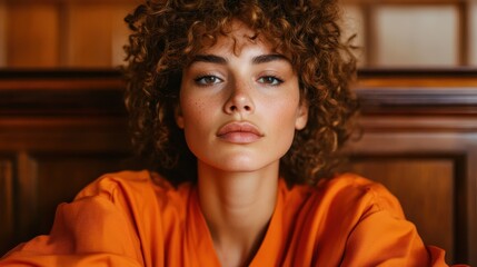 A striking portrait of a confident woman in a vibrant orange outfit, exuding charisma and elegance, ideal for conveying empowerment and modern fashion statements.