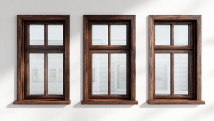 Three identical dark-wood framed windows, equally spaced on a white wall, showing a blurred city street reflection in each pane. Sunlight casts shadows