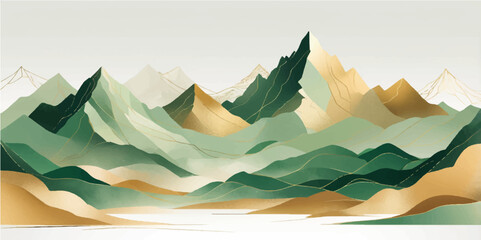 Vector illustration of a mountain landscape with sun, river, clouds, and forest