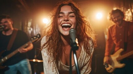 An enthusiastic female singer captivates the audience with her vibrant performance, radiating joy and energy in a lively atmosphere filled with music and creativity.