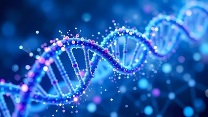 Abstract Blue and Pink DNA Double Helix with Glowing Particles and Bokeh Background