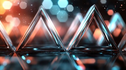 An abstract image featuring triangular shapes illuminated by shimmering lights, creating a mesmerizing composition that embodies modern design and artistic flair.