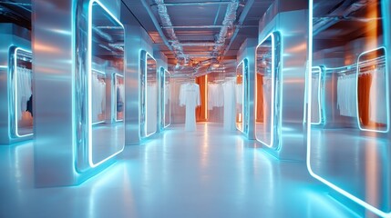 An innovative fashion retail space illuminated by neon lights features sleek mirrors and glowing displays, creating a modern and immersive shopping experience for customers.