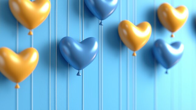 Blue and gold heart balloons on a blue wall