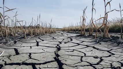 Dry cracked earth surface with dead plants indicating drought conditions