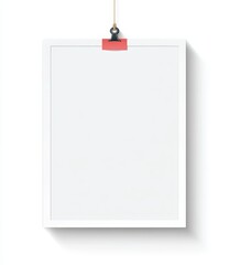 A minimalist white framed poster hangs from twine, secured by a red clip.  A subtle shadow is cast below