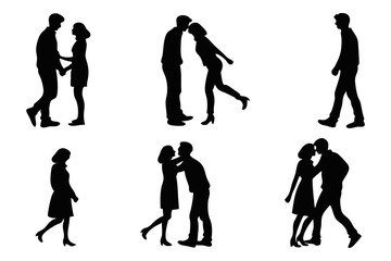 Fototapeta premium Silhouettes of Love: A monochrome tableau captures the diverse facets of affection, portraying moments of connection between couples in tender embrace, and fleeting departures.