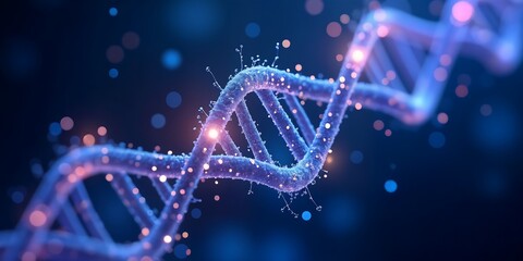Close Up of a Glowing Blue DNA Double Helix with Sparkling Particles and Bokeh Effects