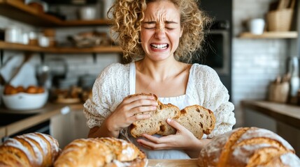 A woman with curly hair is intensely emotional as she tears apart loaves of freshly baked bread in a cozy kitchen filled with warmth and comfort, symbolizing a deep connection.