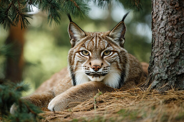 Obraz premium Generative AI image of majestic lynx wild cat resting in shade of tree in peaceful summer forest surrounded warm natural light