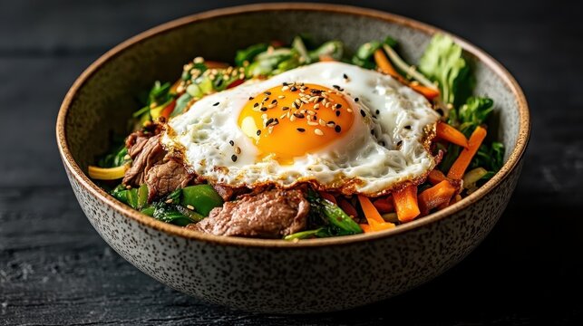 A nutritious bowl filled with vibrant vegetables, tender beef, and a perfectly cooked sunny-side-up egg, representing a healthy and fulfilling meal that appeals to food enthusiasts.