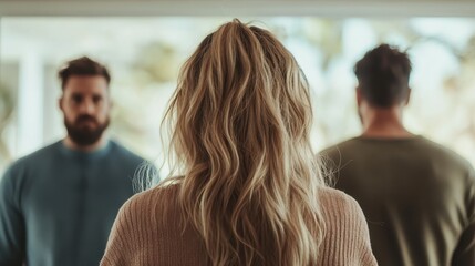 Fototapeta premium A moment of reflection showcasing two individuals in conversation, emphasizing connection and communication in a serene indoor setting with natural light and soft tones.