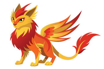 Fototapeta premium Stylized Fire Lion-Griffin with Fiery Mane and Wings Standing Proudly on a White Background