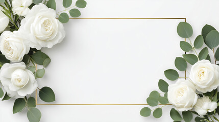 Elegant floral arrangement featuring white roses and green leaves on a clean background, creating a beautiful frame for invitations or announcements with copy space