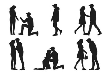 Obraz premium Silhouette Romance: A collection of silhouette figures depicting stages of love, from proposal to embrace, showcasing the tender connection between a couple.