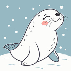 Obraz premium Delightful cartoon seal basking in the snowy landscape, a cute winter image