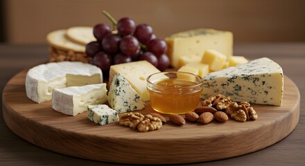 Assortment of cheeses on wooden board