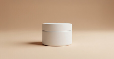White cylindrical container on a beige surface with matching background, suitable for clean skincare product mockups, minimalist cosmetic branding, or packaging showcase.