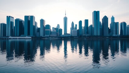 Obraz premium Modern city skyline reflected in calm water at dawn