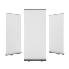 Three blank white roll up banner stands with silver bases isolated on transparent background