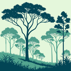 Serene Forest Silhouette: A Verdant Landscape of Trees and Grasses Illustration