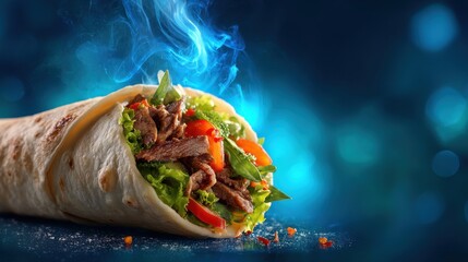 A 4K photo of hot mouth watering image of yummy shawarma with blue background, food advertisement background.