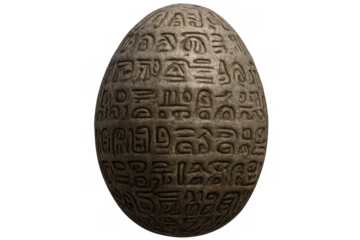 Enigmatic egg-shaped stone bearing cryptic symbols, resting against transparent background, evoking archaeological mystery and ancient cultural secrets