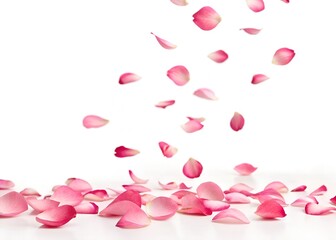 Falling rose petals background for wedding and valentine's day with pink petals on white background