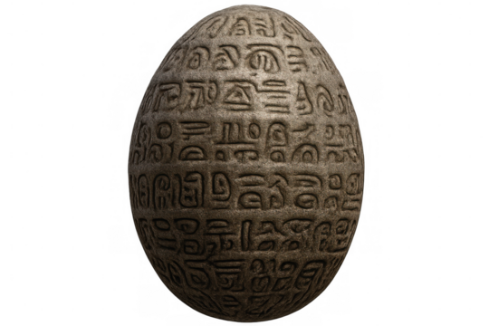Enigmatic egg-shaped stone bearing cryptic symbols, resting against transparent background, evoking archaeological mystery and ancient cultural secrets