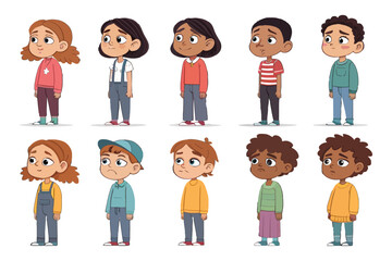 Sad Childhood: A group of young children, each expressing a different emotional expression. Every individual portrait captures a unique moment of sadness and vulnerability, inviting empathy.