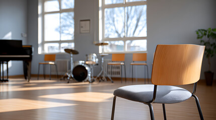 Fototapeta premium Empty wooden chair positioned in a bright music studio with a grand piano, drum set, and large windows allowing natural light to illuminate the space