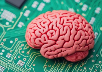 A detailed model of a human brain placed on a green printed circuit board, symbolizing the connection between neuroscience and technology.
