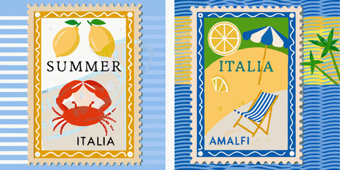 Summer in Italy postage stamp illustrations with lemons crab beach and Amalfi coast