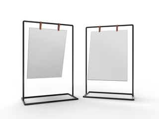 3D Realistic floor standing display mockup with metal base and leather. Blank portable vertical info white placard sign holder stand for presentation poster, banner, ads, products or exhibition info
