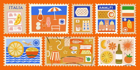Collection of Illustrated Stamps Featuring Italian Summer Themes and Travel Destinations