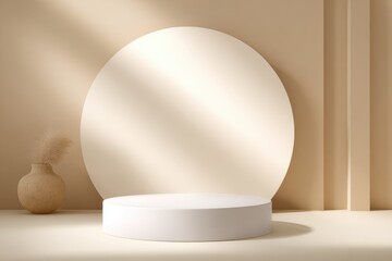 A 4K photo of minimal abstract background with a white round podium on a beige-colored wall, displaying a product or cosmetics in a mockup style for presentation design.